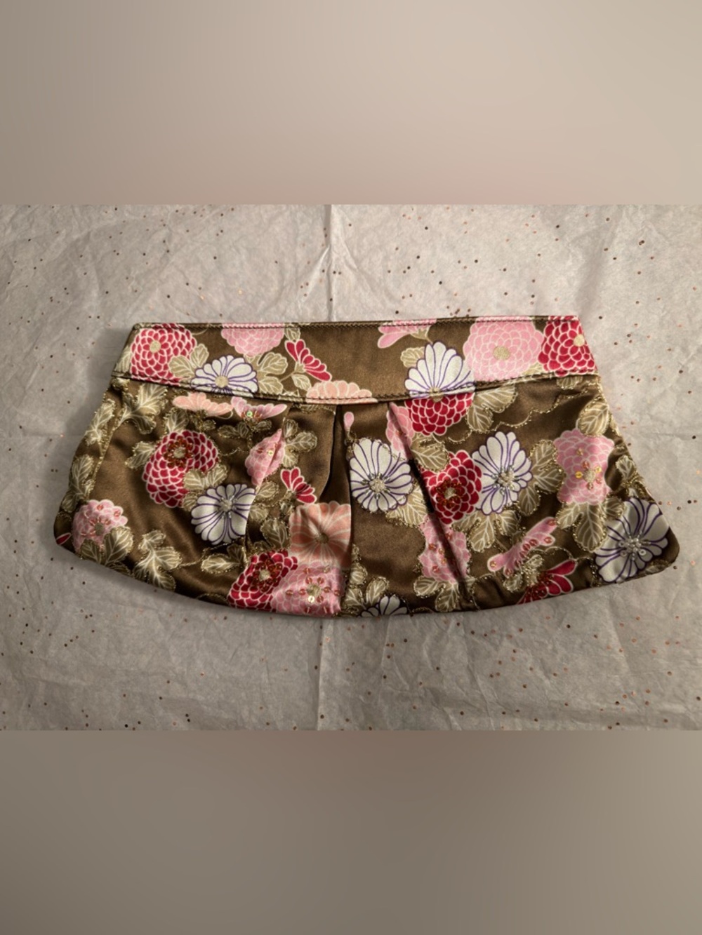 Express Floral Satin Pleated Clutch in Brown, Pink, Red and Cream